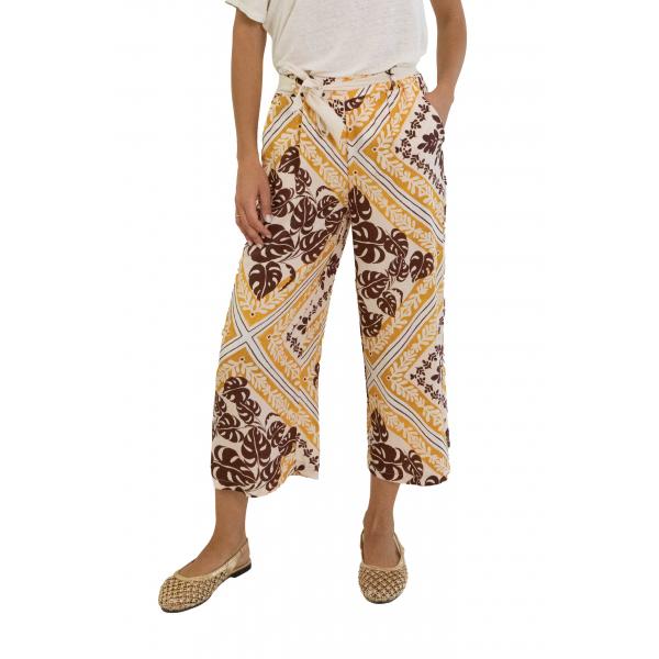 Pantalone  palazzo in viscosa con cintura fantasia 
